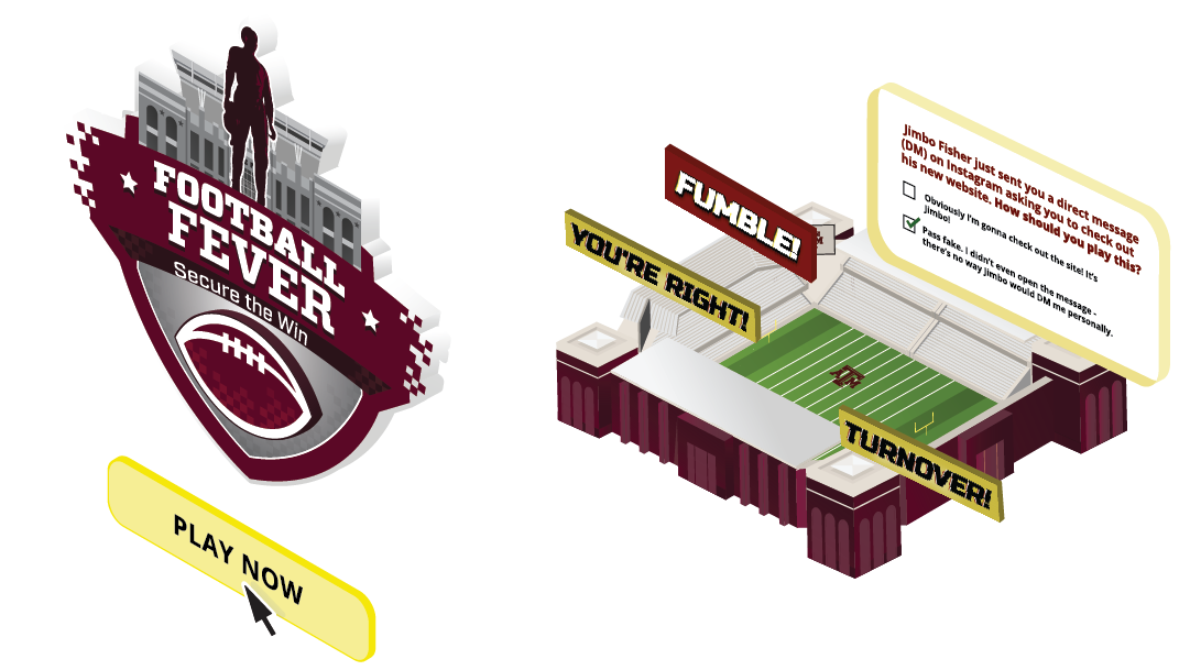 the Football Fever 2021 logo alongside an illustration of Kyle Field and questions in the cybersecurity game