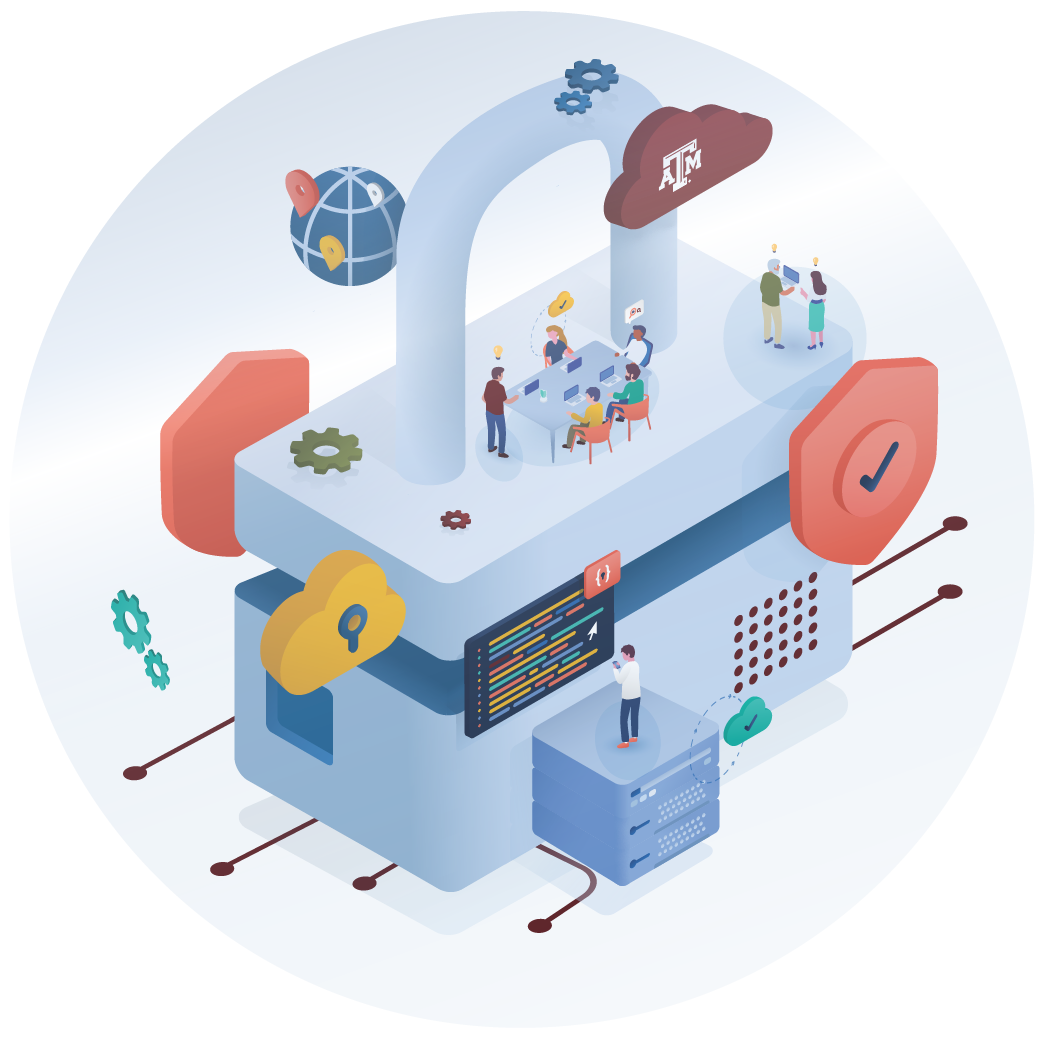 Conceptual a large padlock protected by a shield with researchers and developers inside to represent Texas A&M's status as a leader in cybersecurity.