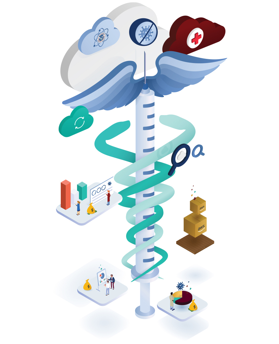 Conceptual large caduceus made of snakes and a vaccine syringe surrounded by research platforms.