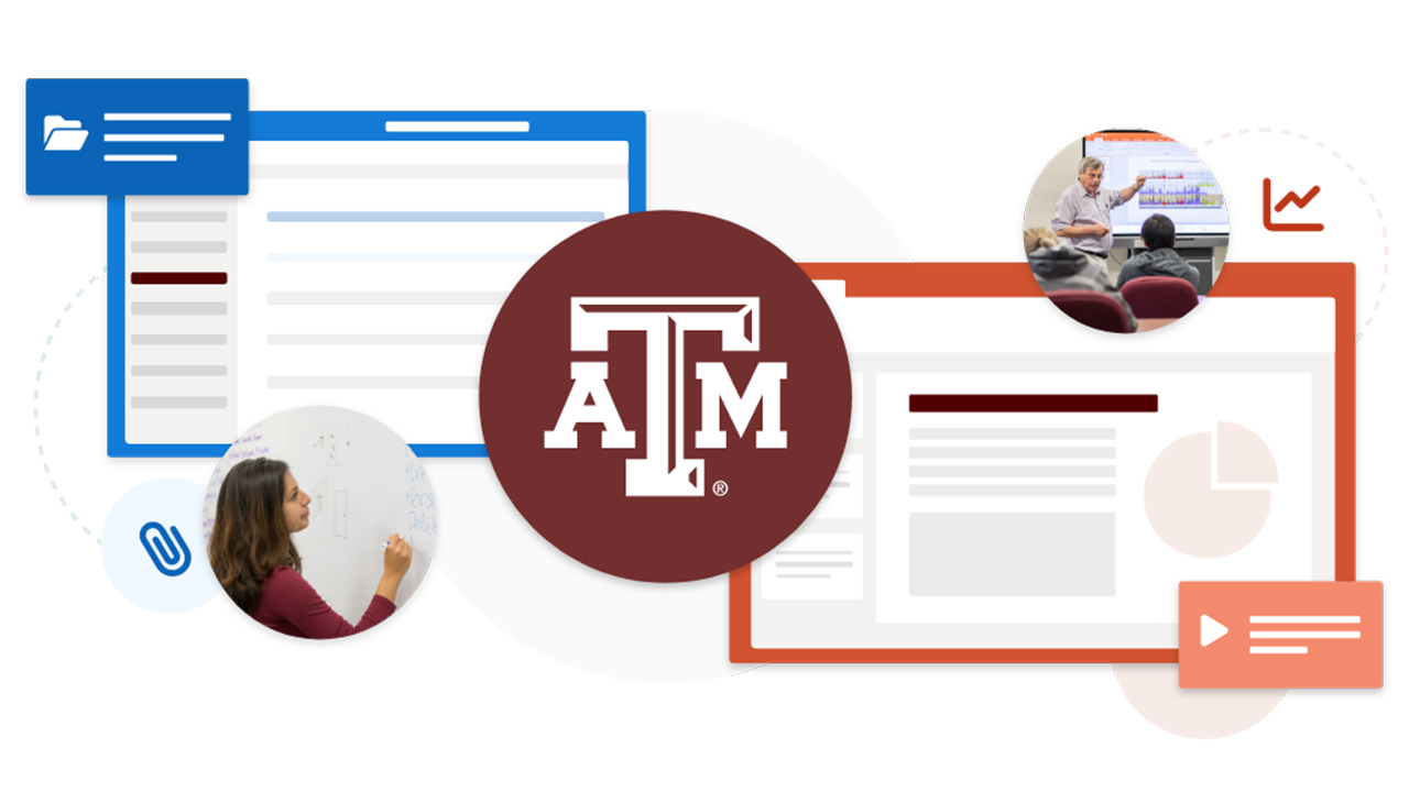 Texas A&M Staff and Students using Microsoft OneDrive and PowerPoint Apps next to the A&M logo