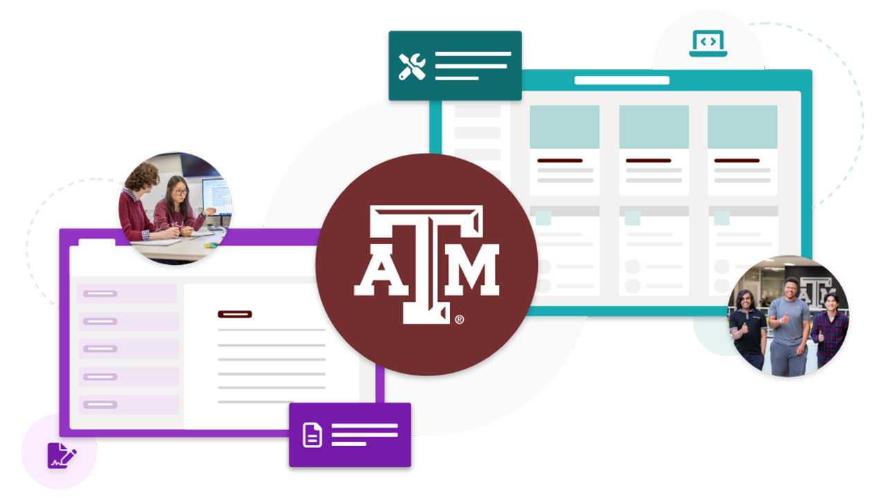 Texas A&M Staff and Students using Microsoft OneNote and SharePoint Apps next to the A&M logo