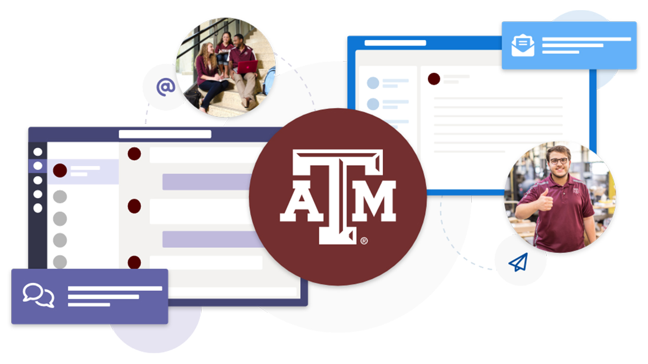 Texas A&M Staff and Students using Microsoft Teams and Outlook Apps next to the A&M logo