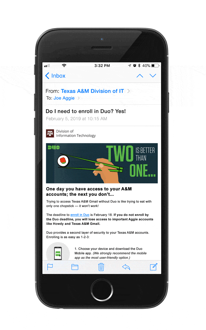 Email with animated header of a hand holding chopsticks, where the top chopstick disappears making the sushi roll away.