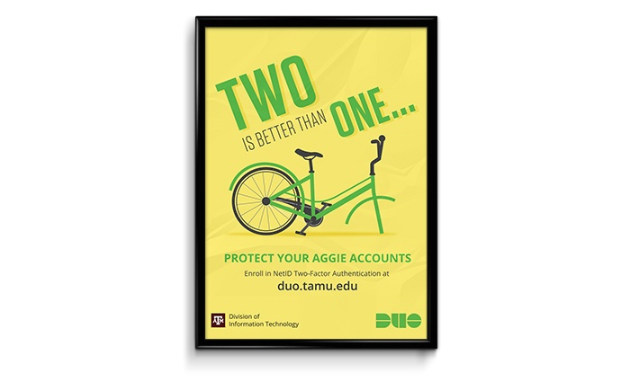 Yellow poster with a bike with a missing wheel that says "two is better than one"