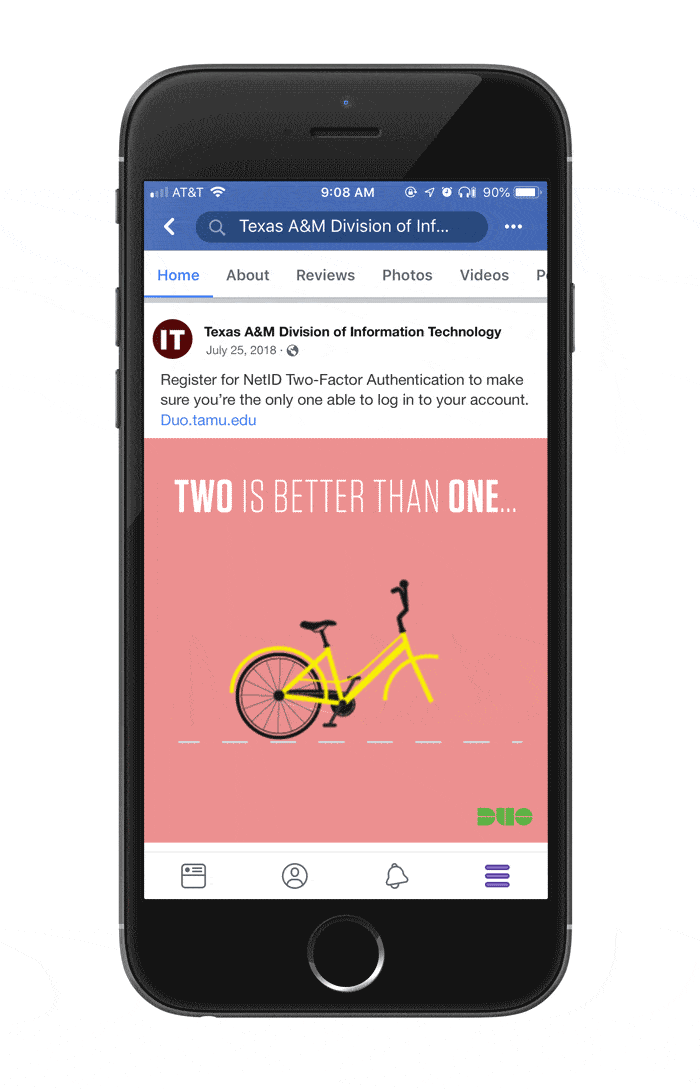 Facebook post reminding people to sign up for Duo with an animated bike falling over because it only has one wheel.
