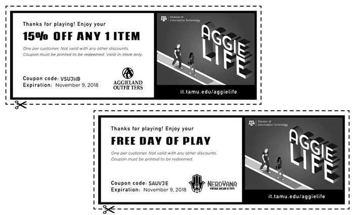 Coupons for 15% off of any item at Aggieland Outfitters and a Free Day of Play at Nerdvana.