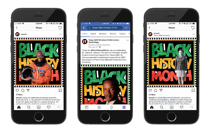 Phones showing social media posts with images featuring black men and women who made history at A&M.