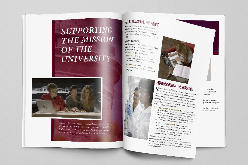 Booklet open to a spread showing pictures of Texas A&M students using technology below the heading 'Supporting the Mission of the University'.