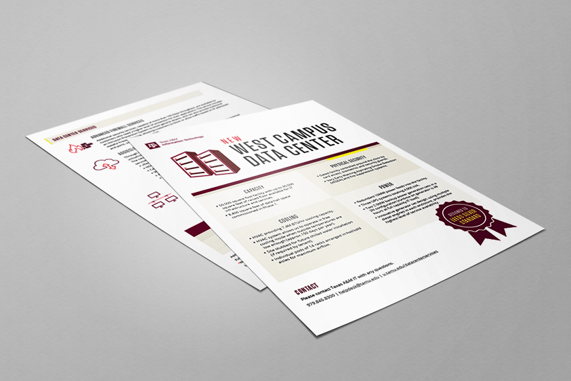 Illustrated flyers highlighting the features of the West Campus Data Center.